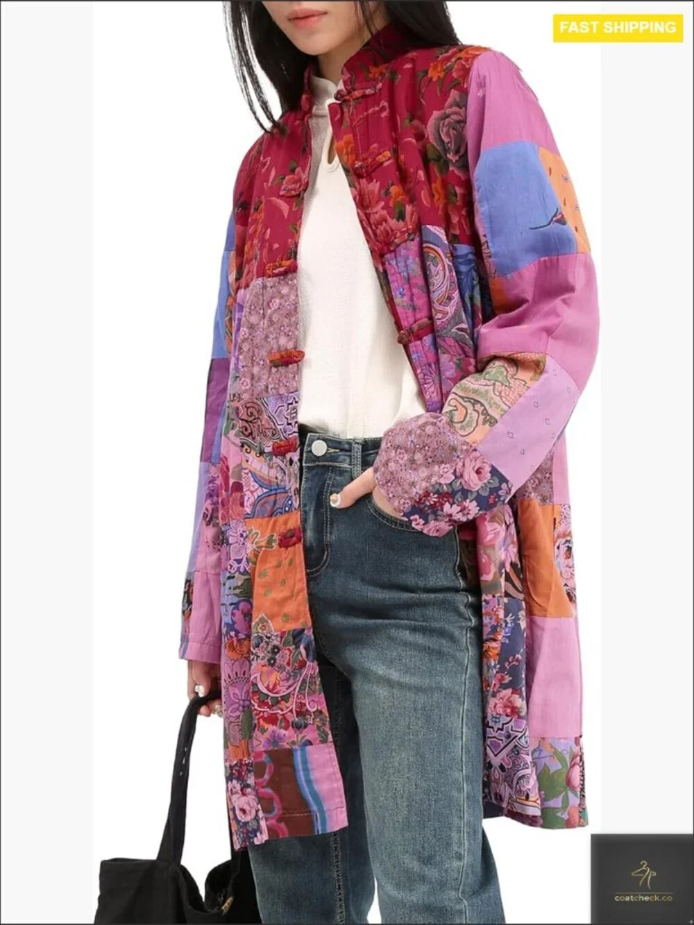 Patchwork Jacket Boho Floral Lightweight Spring Fall Coat Artistic Vintage